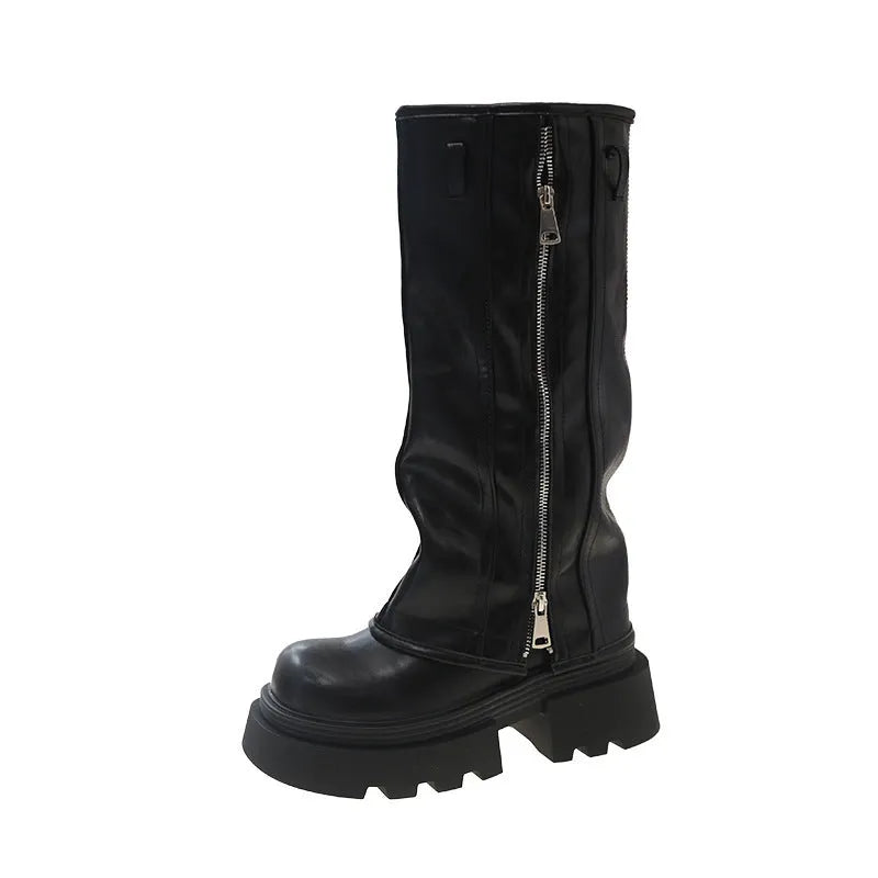 Platform Martin boots with high-cylinder sock length and square heel in three colour options