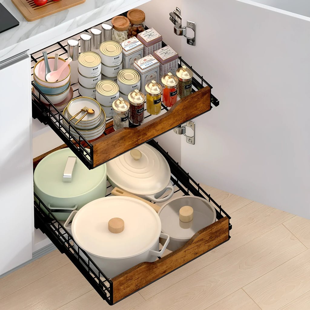 Black household storage basket drawer with pull-out mechanism, made from wood and iron.