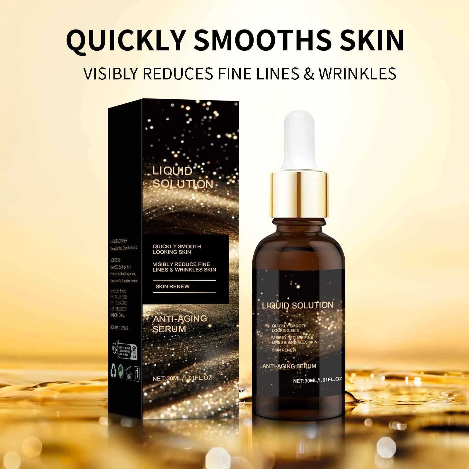 30 ml bottle of facial liquid moisturising care solution with hyaluronic acid, 9 cm tall.