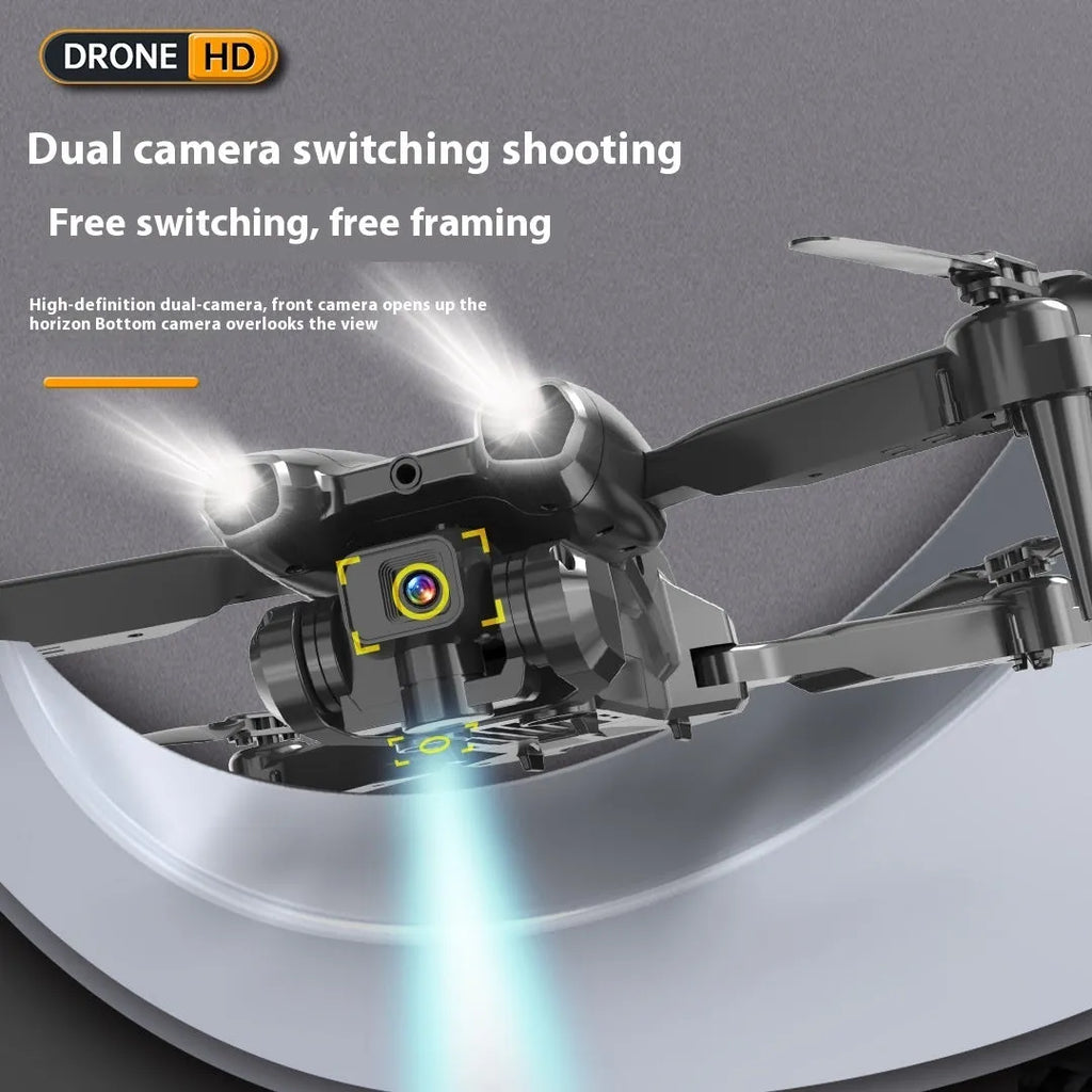 S138 black folding drone with carbon fibre appearance, showcasing folded arms and dual cameras for obstacle avoidance aerial photography.