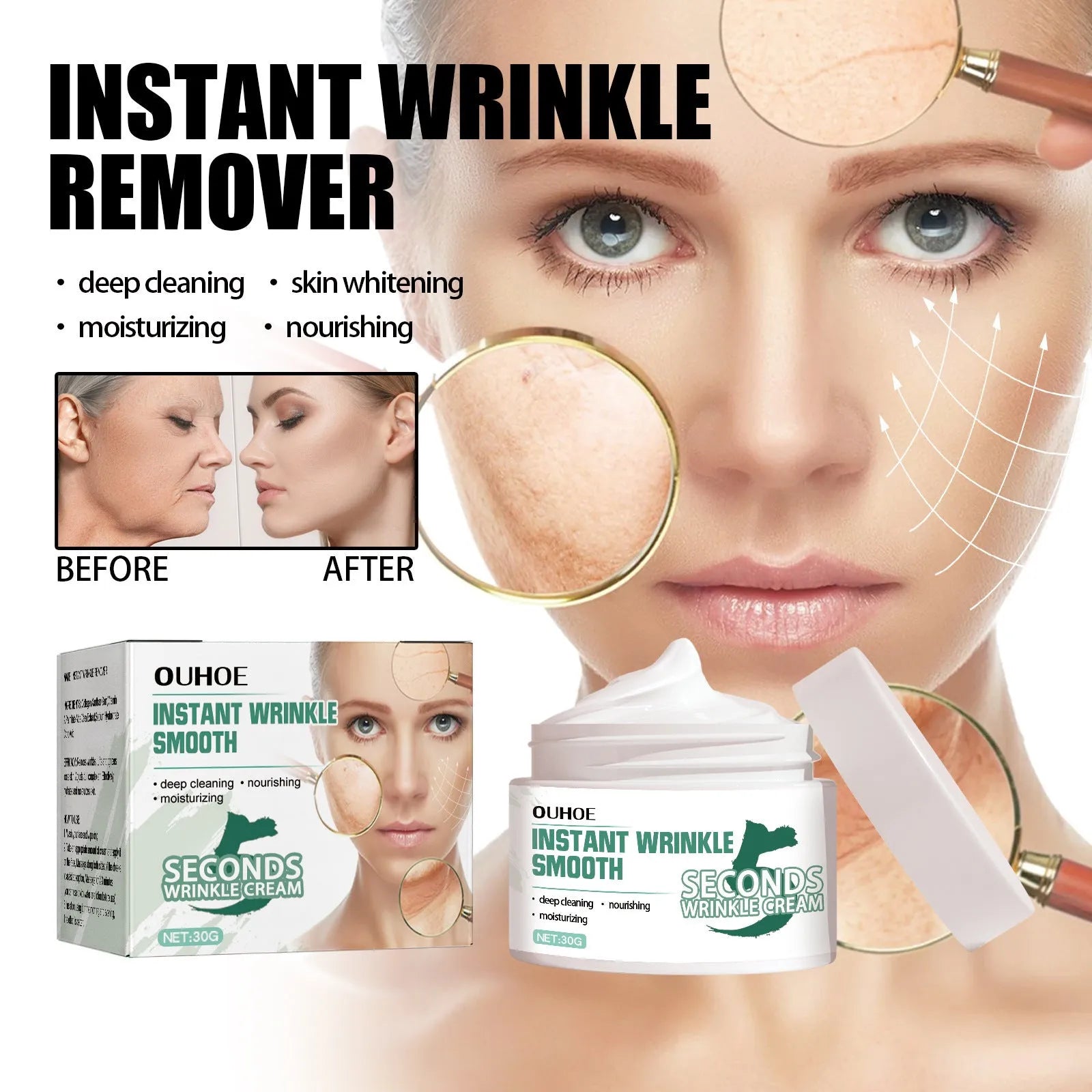 30g jar of anti-ageing anti-wrinkle face cream with hydrating properties for facial skincare