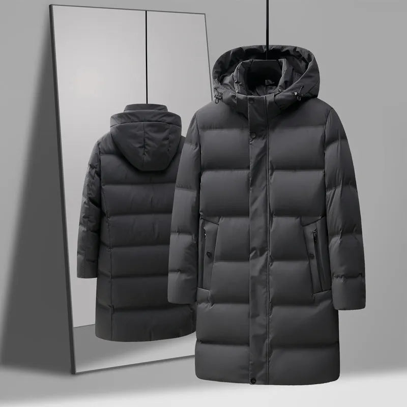 Men's solid colour thick mid-length polyester down jacket coat in black
