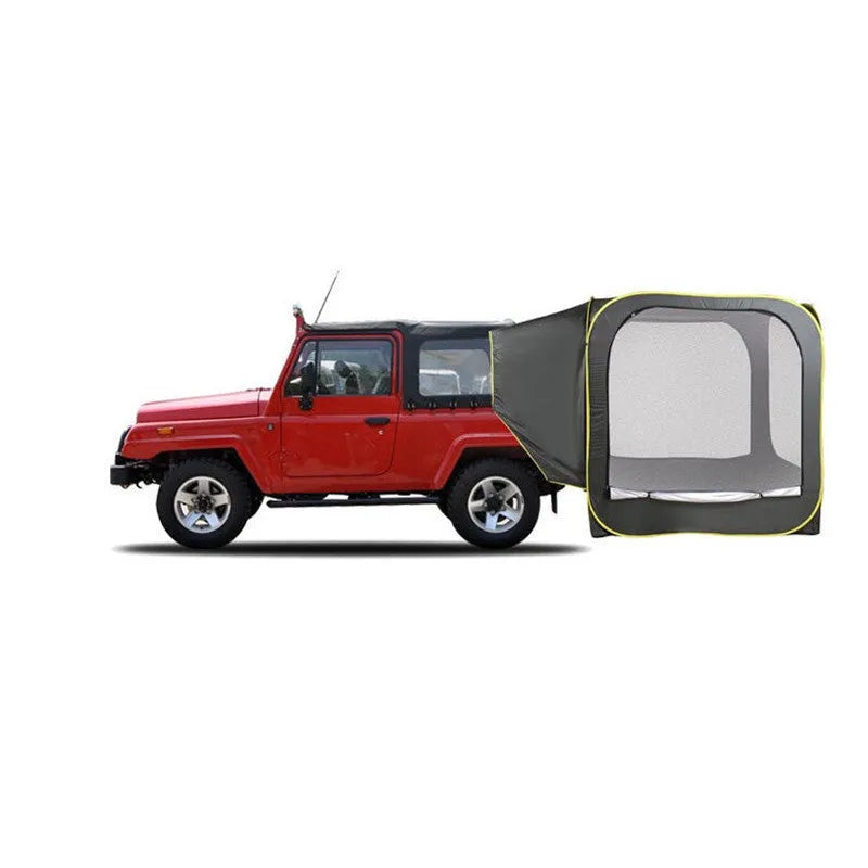 Black pop-up car tail tent with quick-throw design and steel jackstays showing 200cm cube dimensions