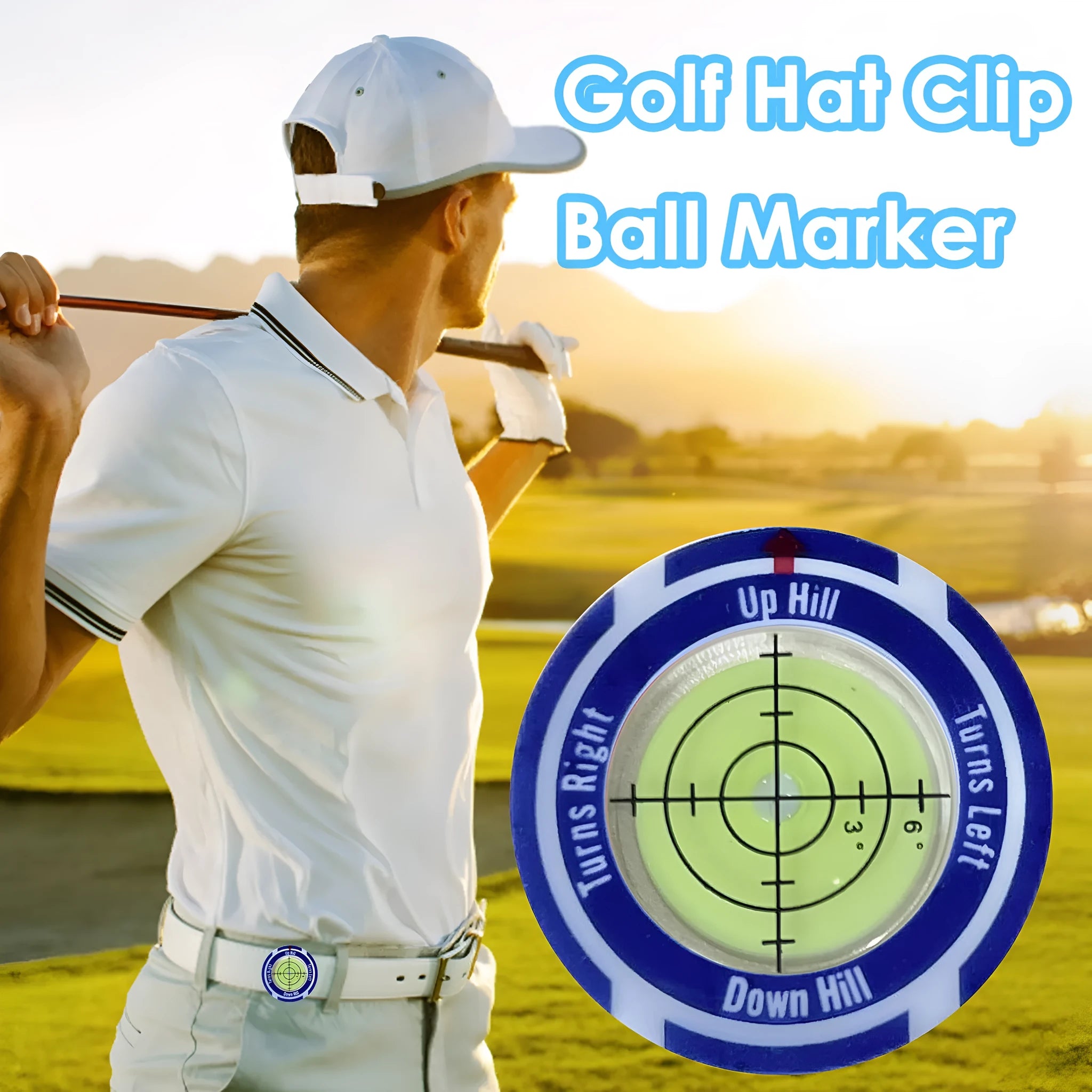 Golf level hat clip measurement tool with position marks and blue water level indicator
