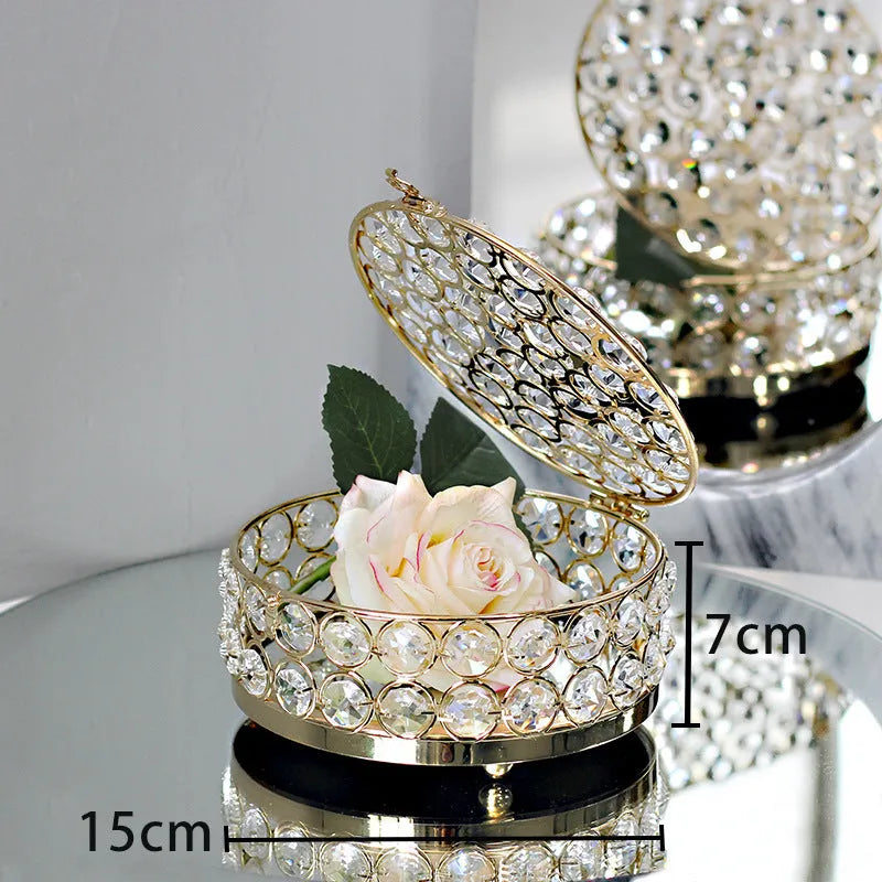 French gold European style jewellery storage box with transparent crystal glass panels and iron metal construction