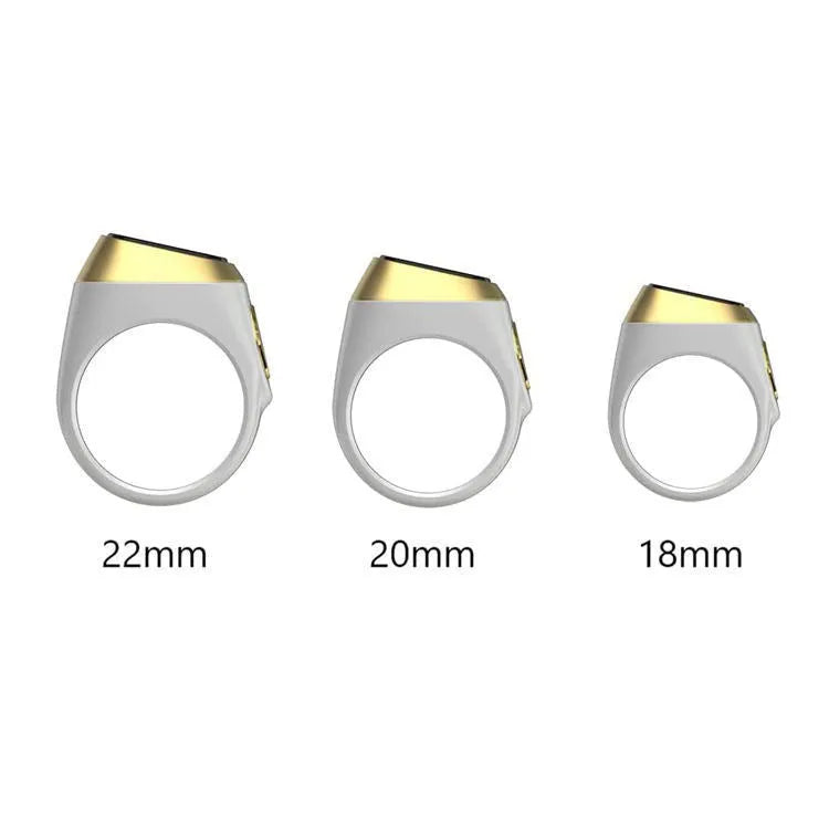 Zikr1 metal smart ring with OLED display showing prayer count, worn on a finger.