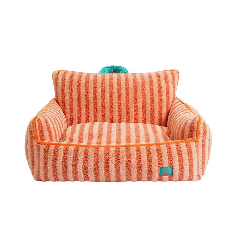 Striped soft velvet pet bed for dogs in orange, purple or yellow colours with removable cover