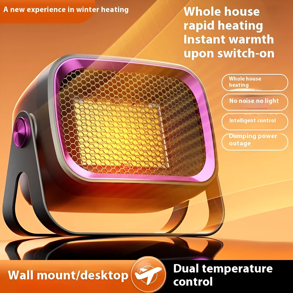 Compact grey desktop ceramic heater with rotatable grill on a wooden desk.