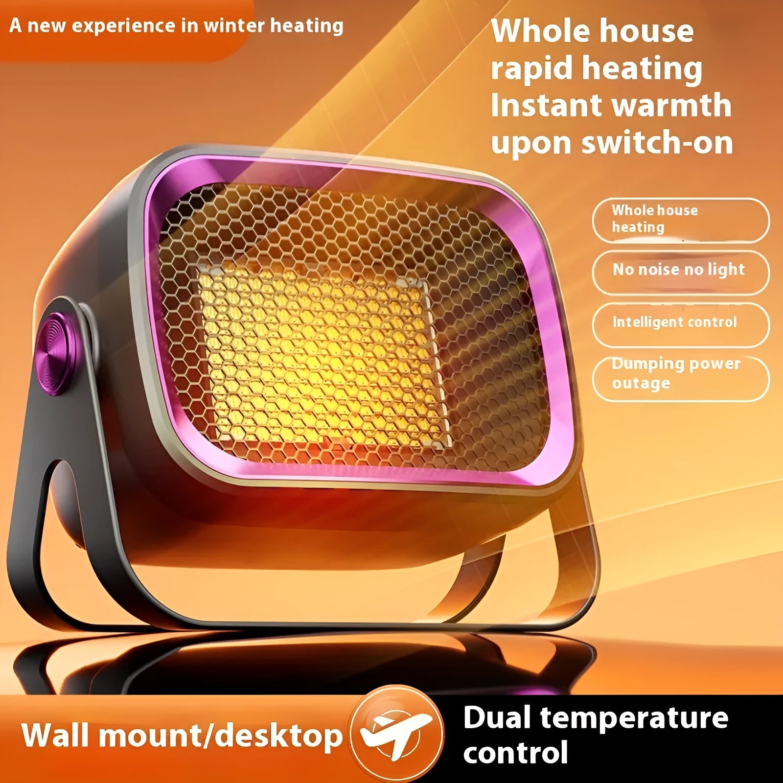 Compact grey desktop ceramic heater with rotatable grill on a wooden desk.