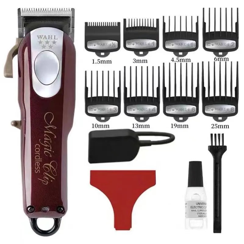 Charging hair clipper with stainless steel cutter head on a white background