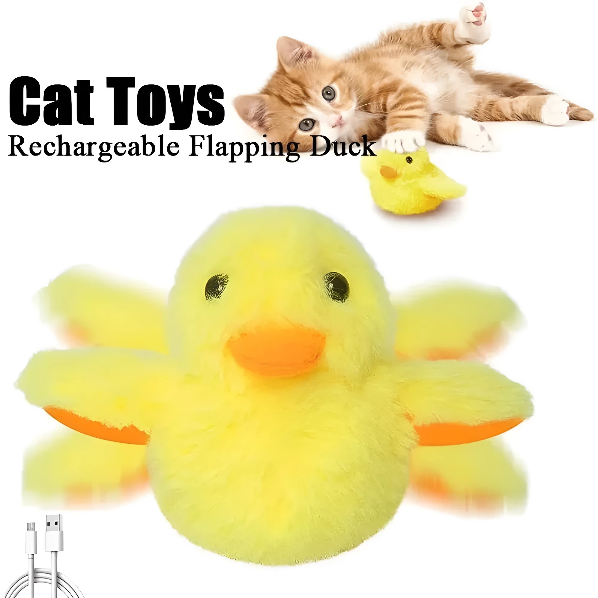 Yellow flapping duck cat toy with chick simulation shape on green background