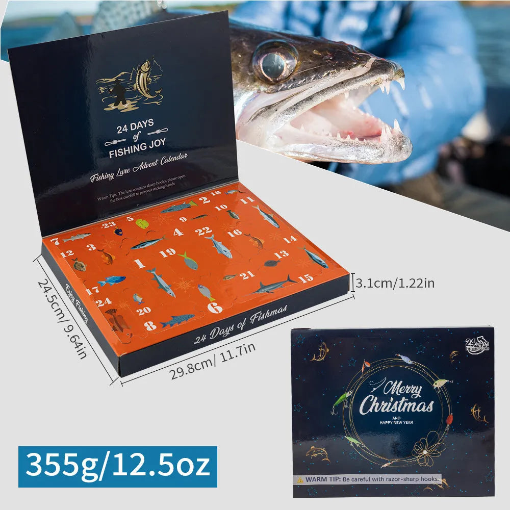 24-piece Mino Bog fishing blind box set with metal tackle components in Christmas packaging
