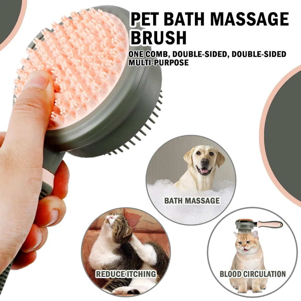 Green and pink double-sided cat grooming brush with slicker brush and flea comb, showing release button
