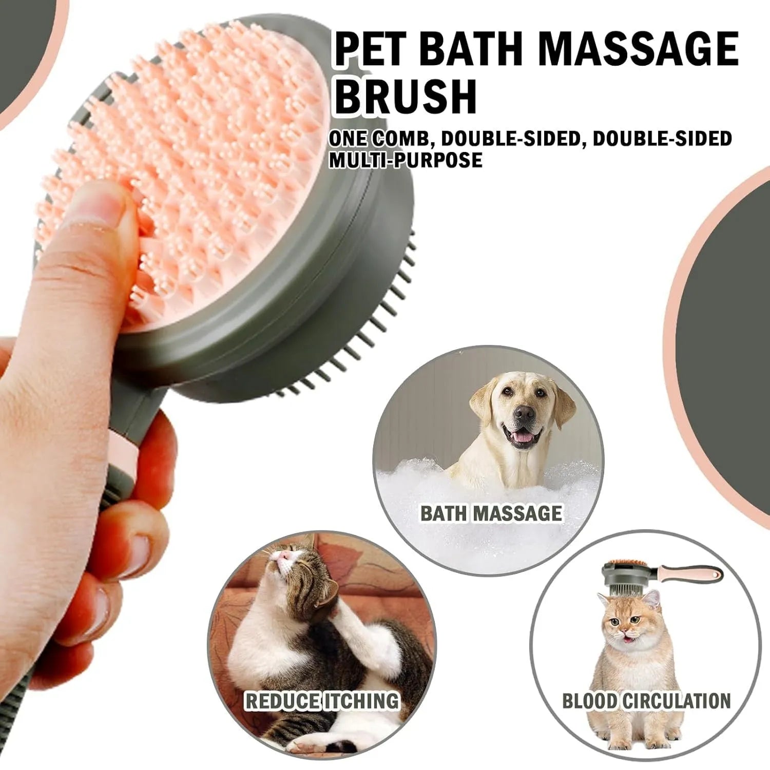 Green and pink double-sided cat grooming brush with slicker brush and flea comb, showing release button