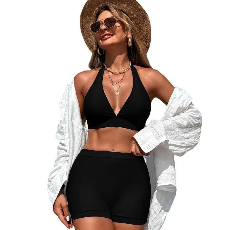 Women's split swimsuit bikini in black, royal blue, pink, and purple blue colours