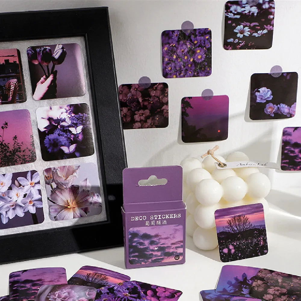 Box set of 46 decorative stickers with six Nordic nature themes including mountains, sea, flowers and sunsets