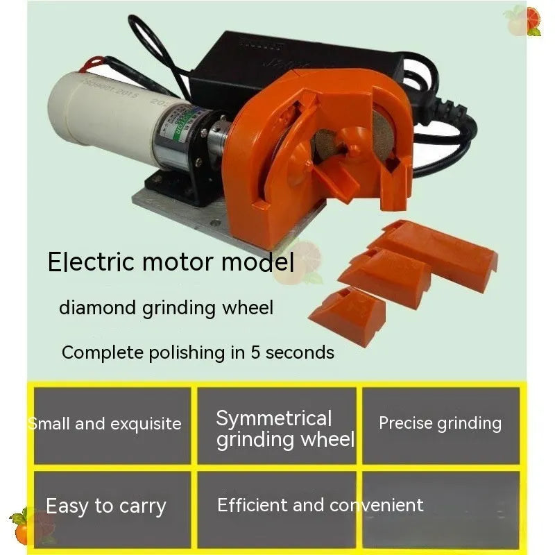 Portable electric sander with orange and black grinding wheels for metal and wood polishing
