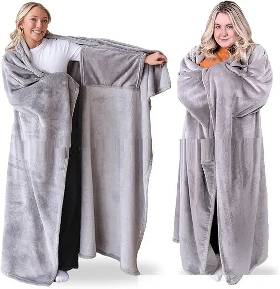 Light pink wearable blanket with sleeves for women, soft cosy throw for home daily use