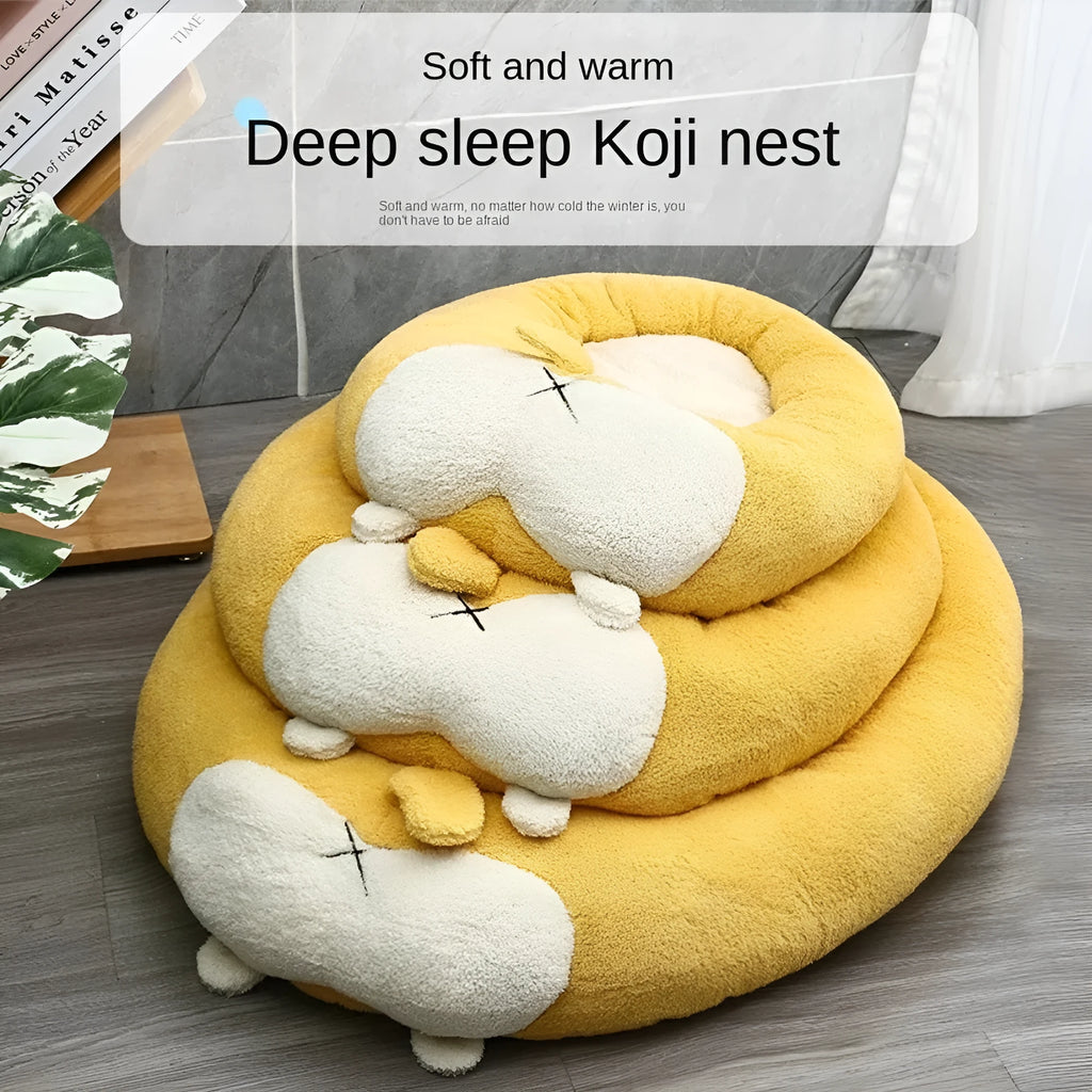 Corgi-shaped soft plush pet bed for dogs and cats, filled with PP cotton, shown in grey.