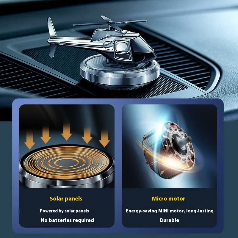 Metal solar helicopter car perfume with rotating blades and formaldehyde removal function in silver, black, or blue