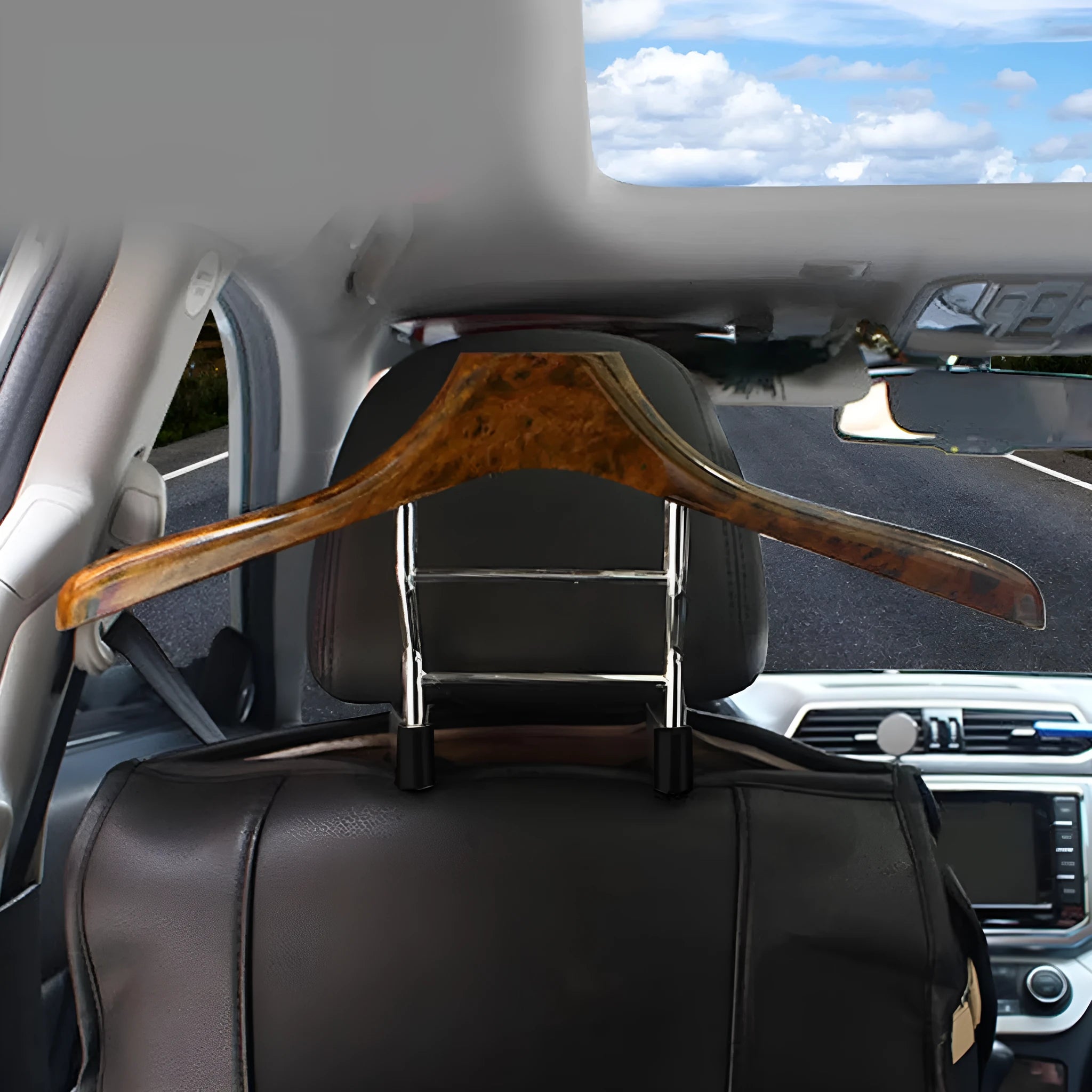 Wood yellow stainless steel car clothes hanger hanging a suit jacket