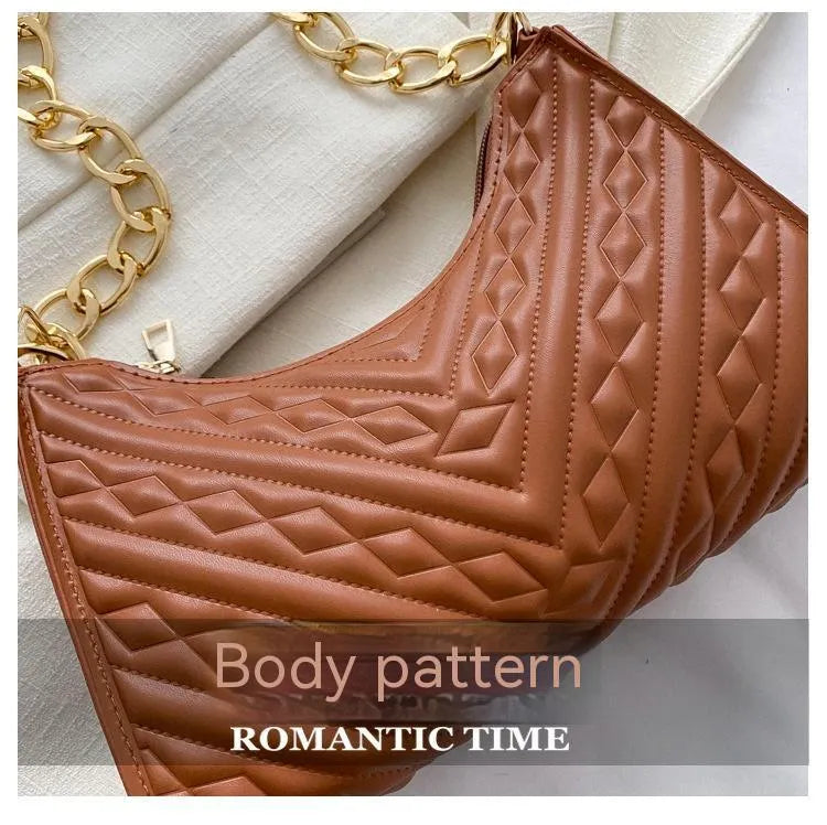 PU leather pleated chain baguette shoulder bag in vertical square shape with soft surface texture