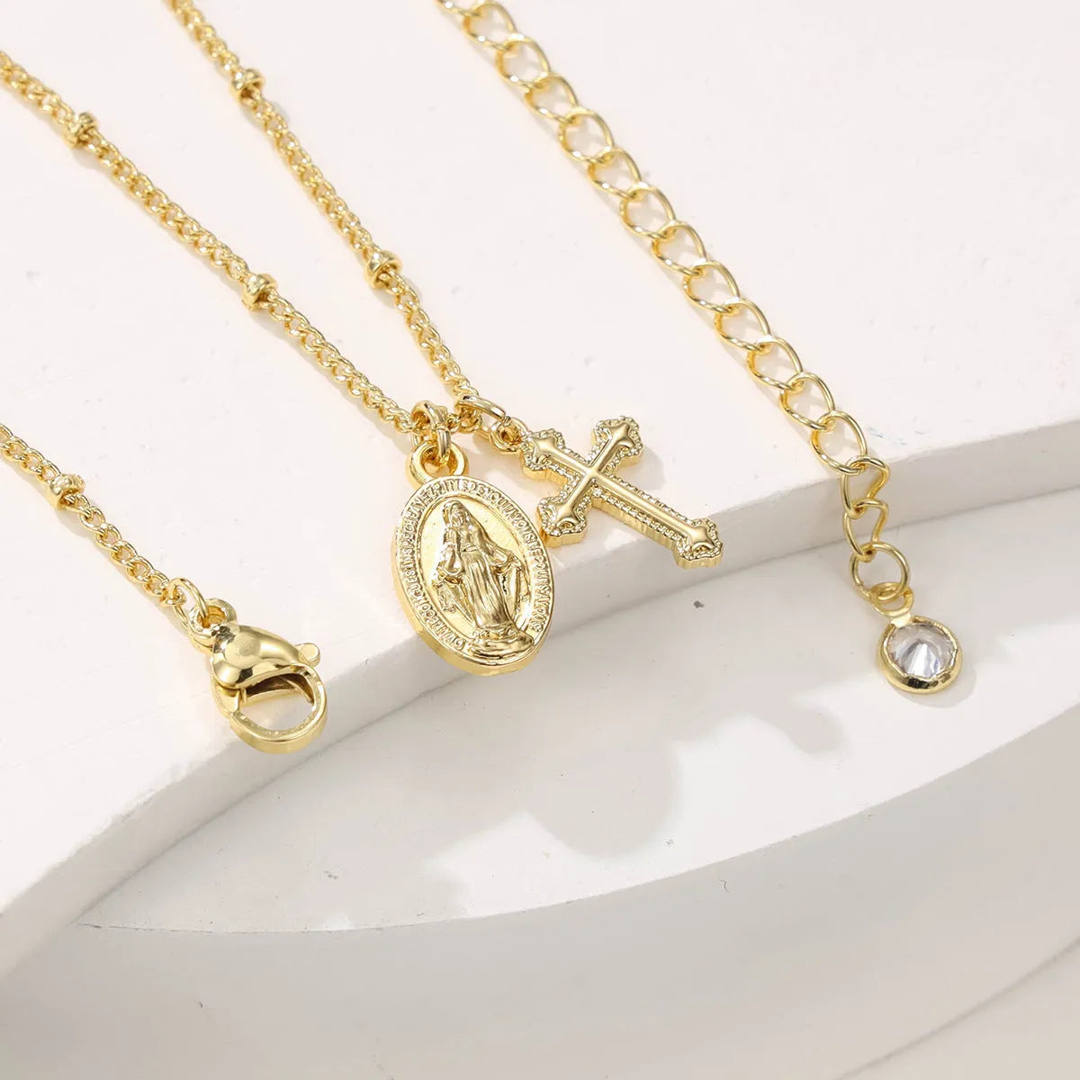 Gold ornament cross Virgin Mary necklace with simple geometric pendant design for women