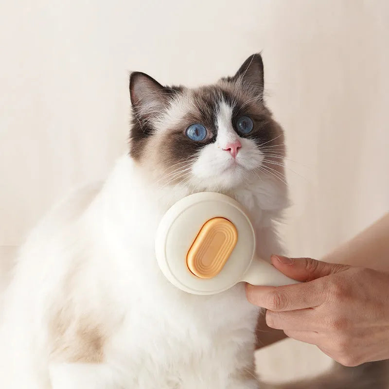 Green cat grooming brush with stainless steel teeth and non-slip handle for pet hair removal