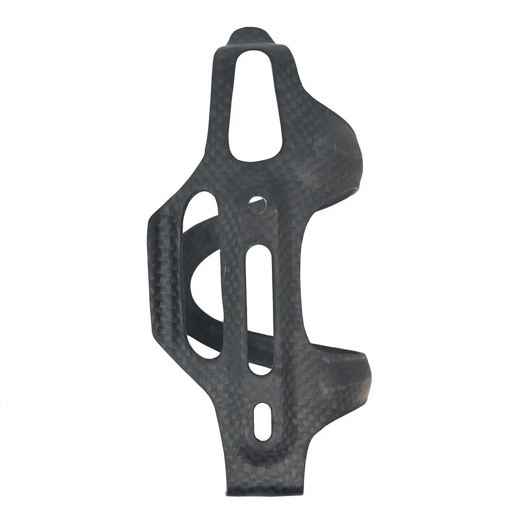 Black carbon fibre bicycle water bottle cage for road and mountain bikes.