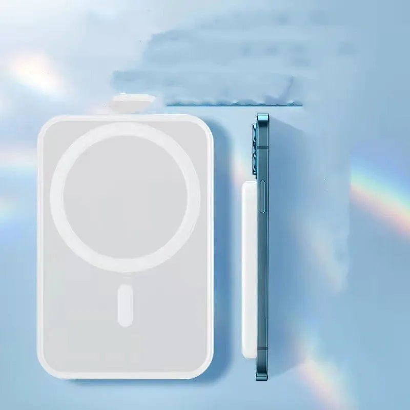 White magnetic wireless charging power bank showing compact size and creative design.