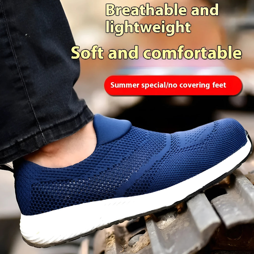 Men's lightweight black mesh work shoes with a low-top design and steel toe cap.