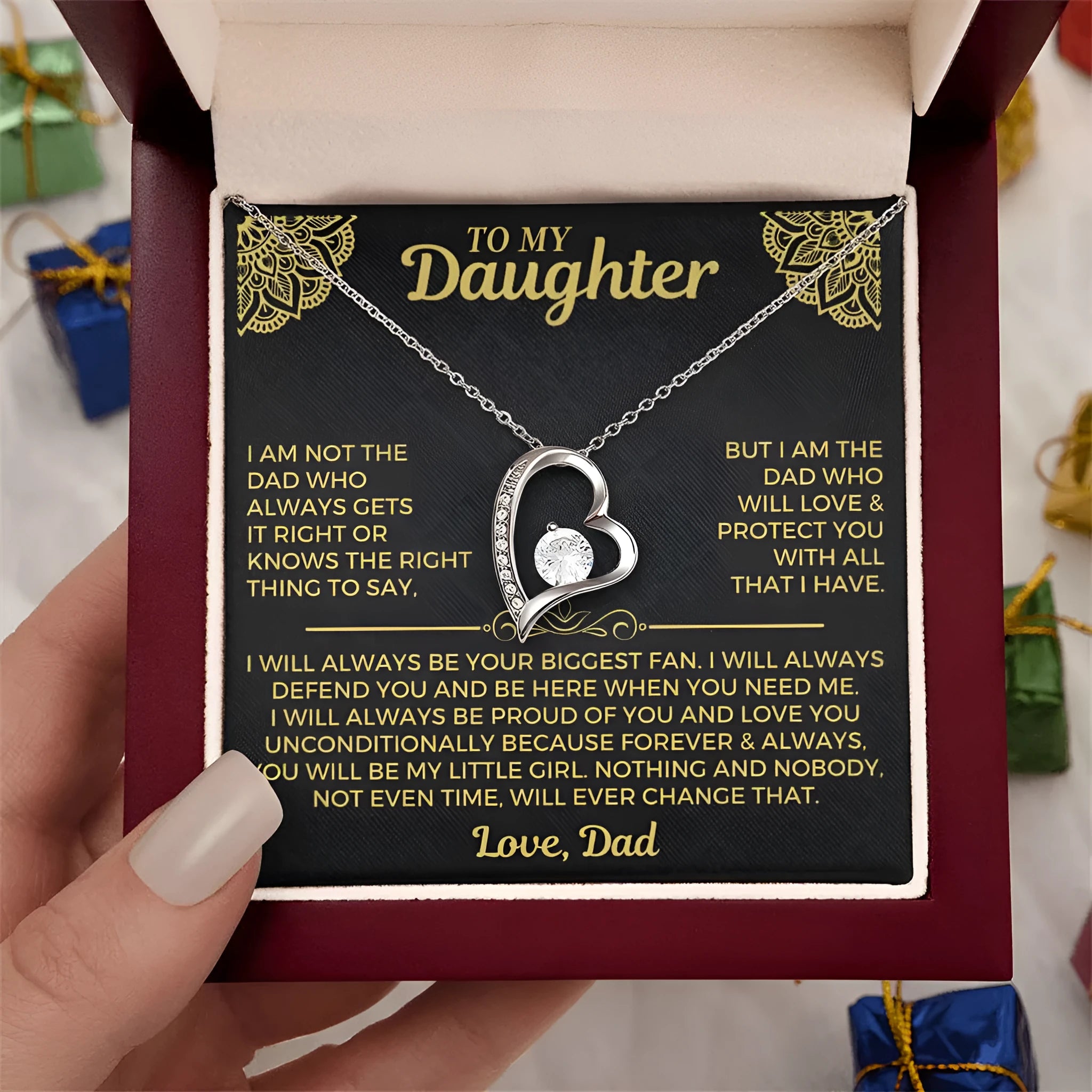 Silver and gold hollow heart necklace pendant with gift card and gift box packaging options.