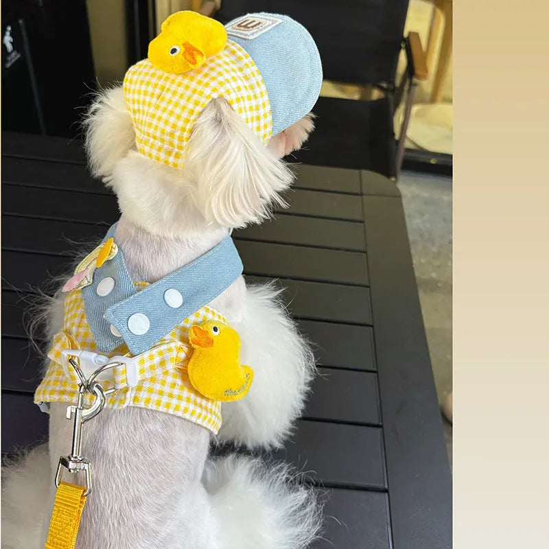 Dog wearing harness and leash with wire rope, cat clothes outfit with hat, three-piece pet set