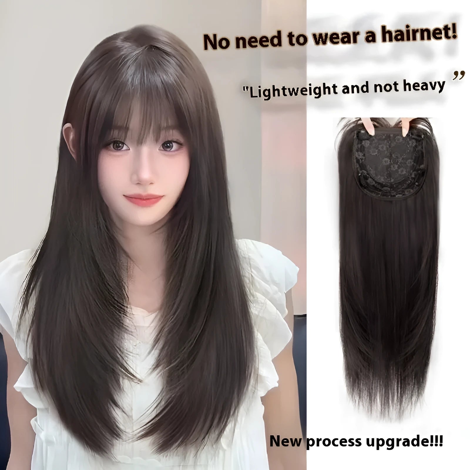Long straight layered full-head wig in black with hair net construction and high-temperature fibre material