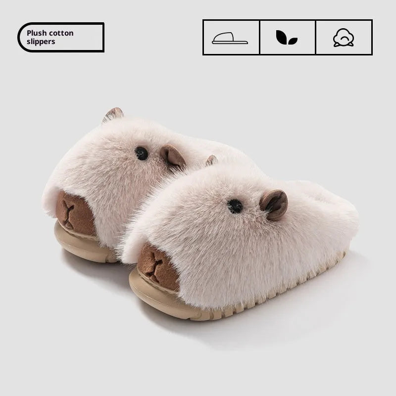 Womens autumn winter fashion cartoon plush slippers in dark brown with shearling lining and EVA sole