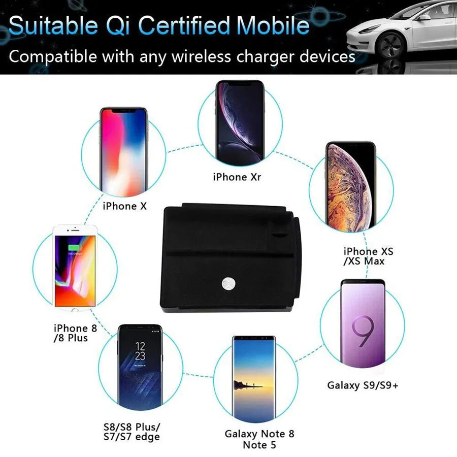 Black ABS wireless charging storage box and QI charging base stand on a desk.