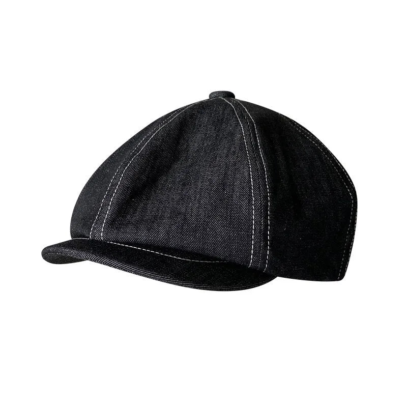 Black cotton Japanese denim beret hat with retro octagonal design shown on adult model