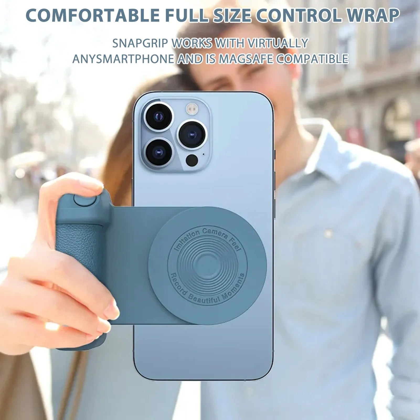 Black 3-in-1 magnetic phone camera handle with rotatable stand and PU leather grip