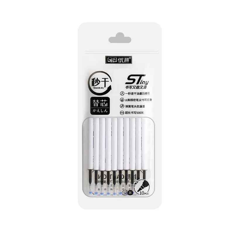 Four quick-drying pen refill cartridges showing black, blue, red, and ink blue colours with 500m writing length text.