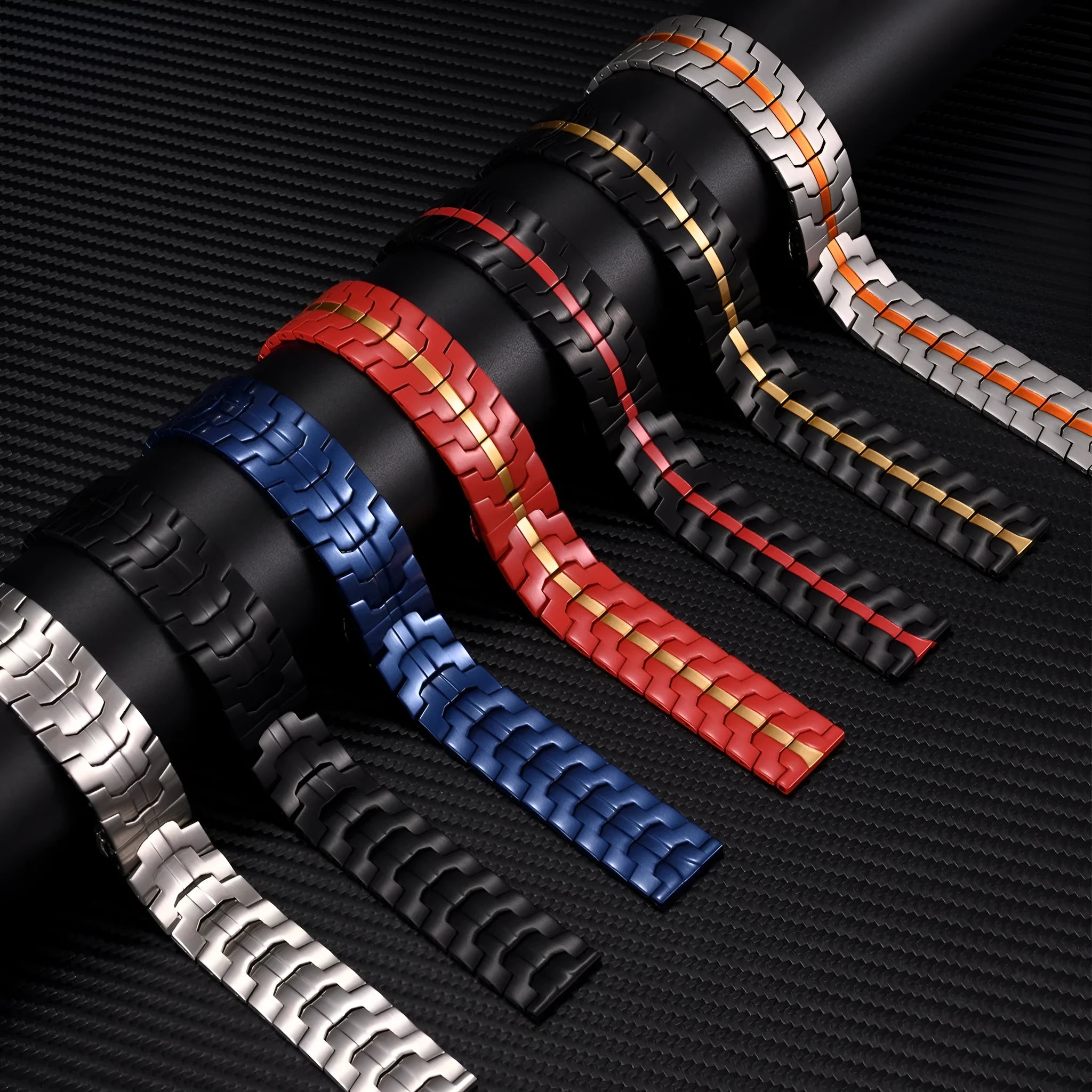 Stainless steel smartwatch band for Samsung Galaxy Watch in silver, black, titanium, blue, and two-tone colour options