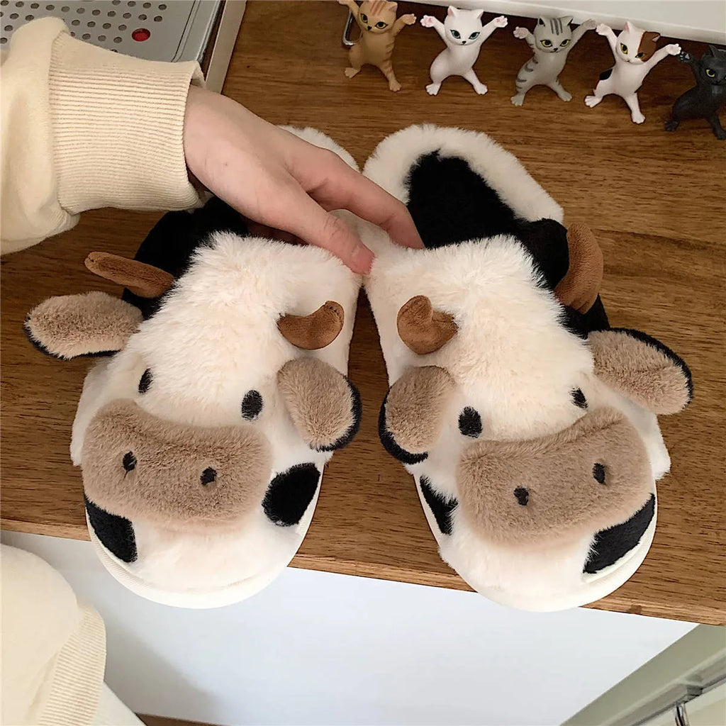 White cartoon cow plush slippers for women with non-slip textured PVC soles