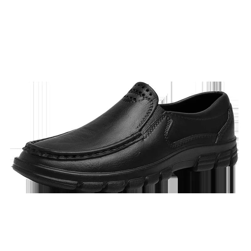 Men's black slip-on work shoes with waterproof platform heel and artificial leather upper