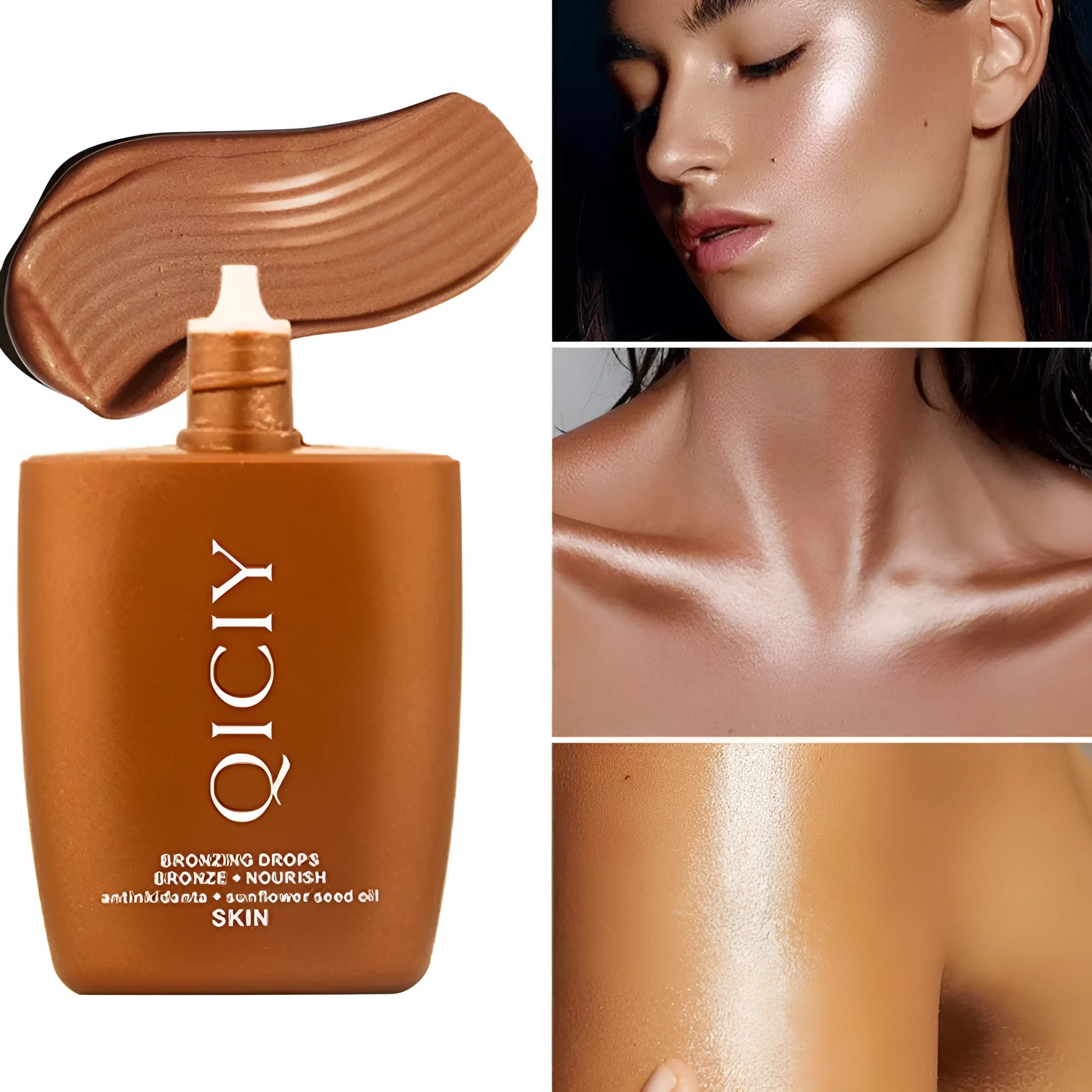 30ML bottle of face and body brightening contour liquid shown in one of four colour options.