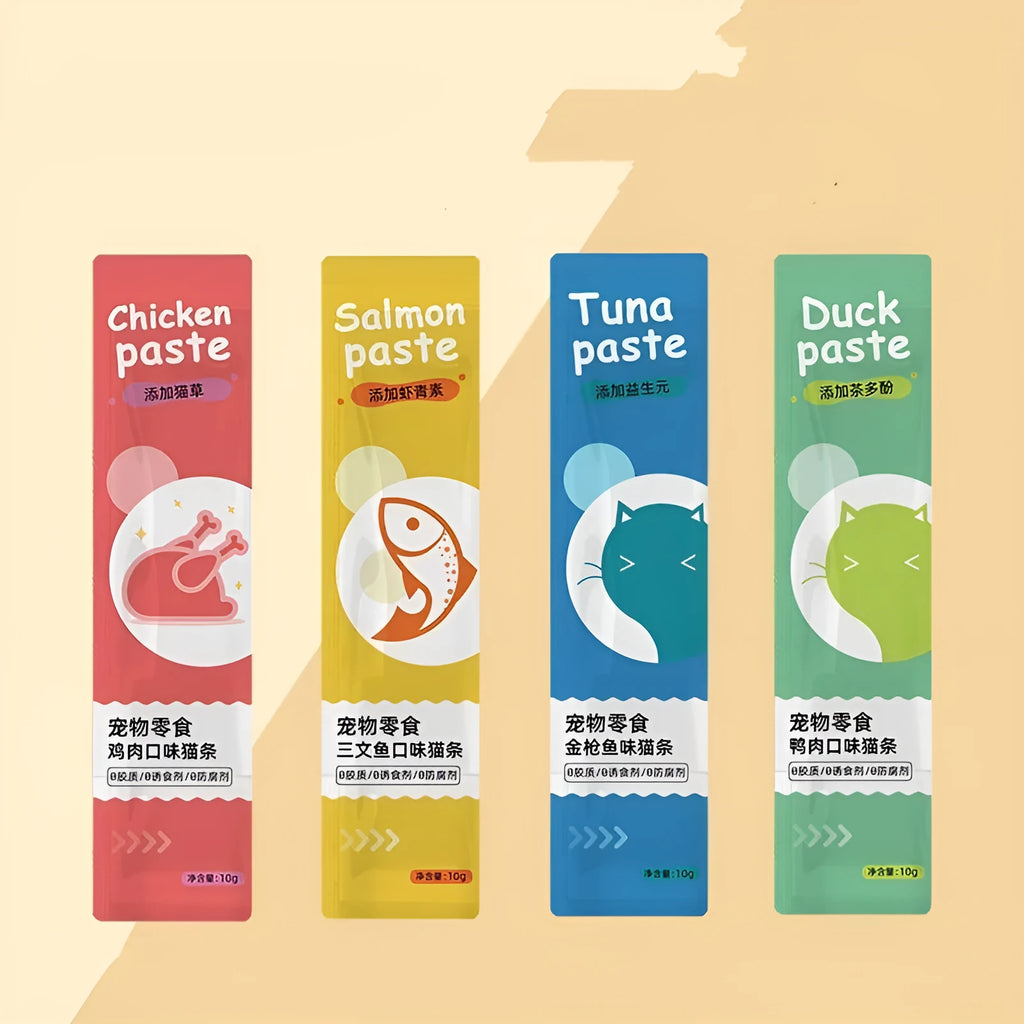 Pack of 10 cat snack strips in four flavour variants for kittens