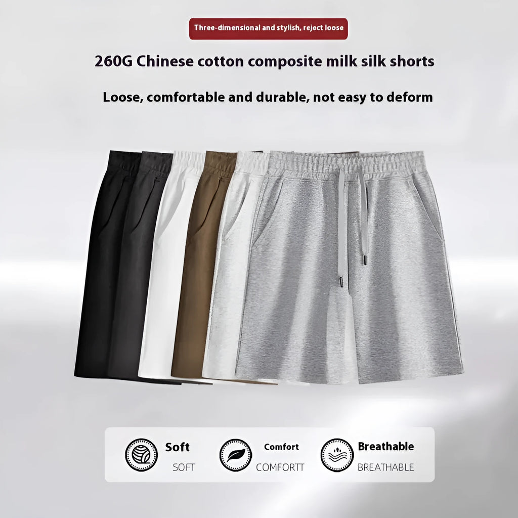 Cotton micro-elastic straight leg summer shorts for men and women on a neutral background.