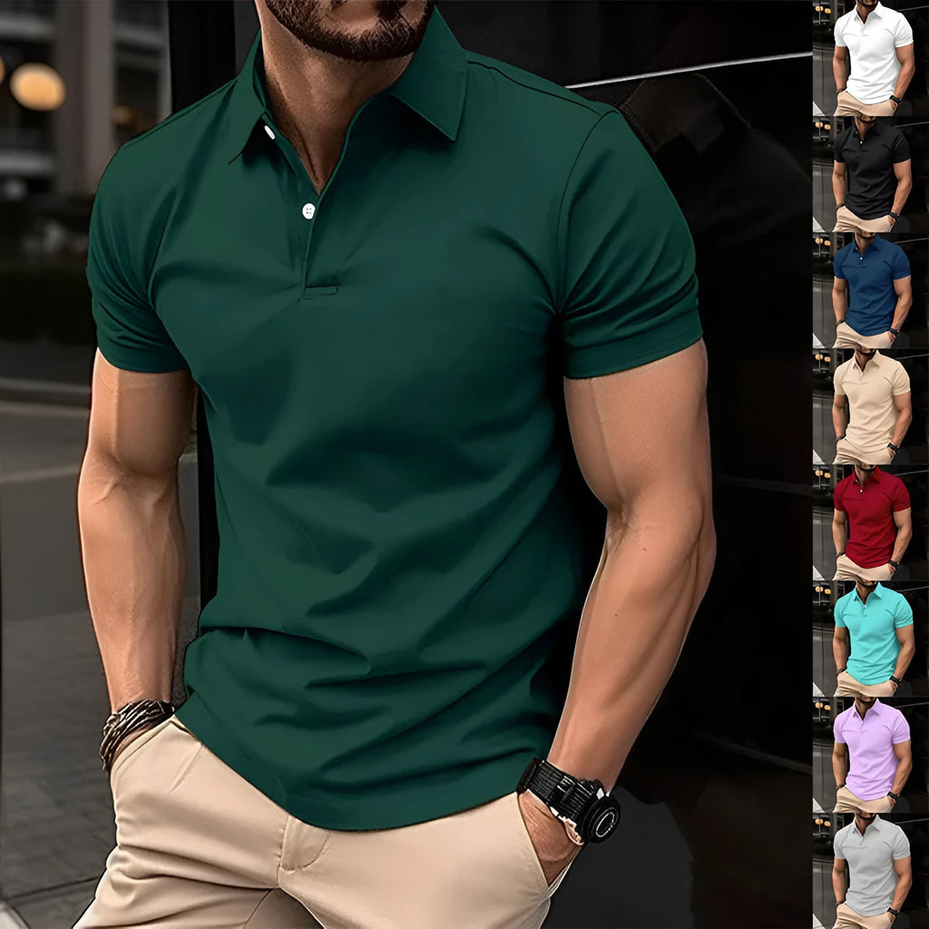 Men's solid colour short sleeve polo shirt with button lapel collar, shown in multiple colour options.
