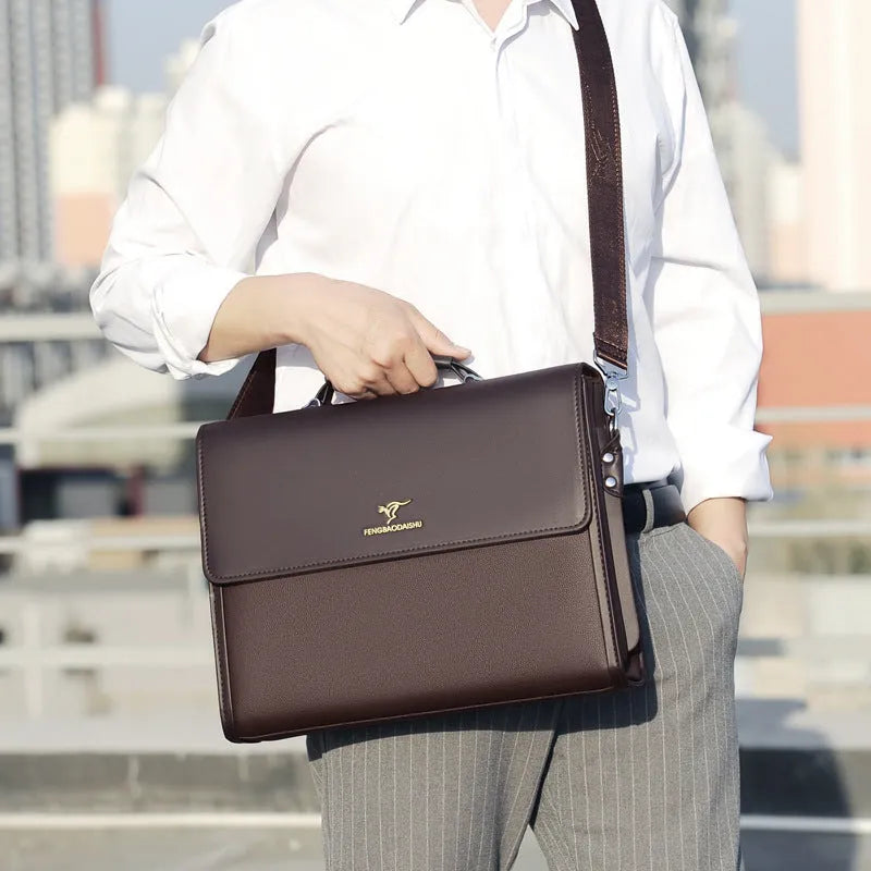 Men's horizontal waterproof PU leather briefcase in black for business commute