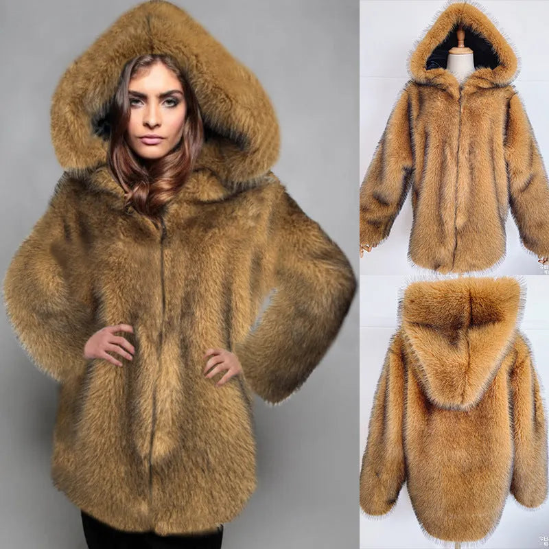 Silver grey women's artificial fur coat with loose fit and mid-length design