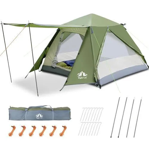 Dark green automatic pop up camping tent pitched outdoors showing waterproof rainfly and compact 2 person size