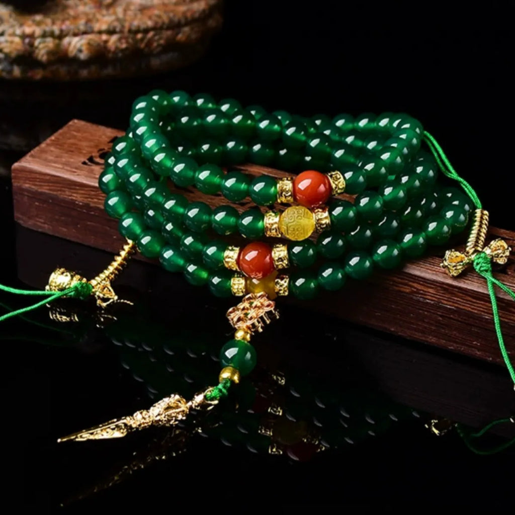 Natural green agate multi-circle bracelet on wrist, showing 8mm bead size.